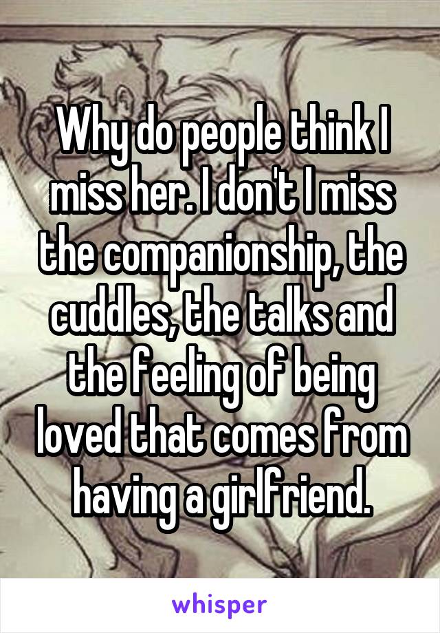 Why do people think I miss her. I don't I miss the companionship, the cuddles, the talks and the feeling of being loved that comes from having a girlfriend.