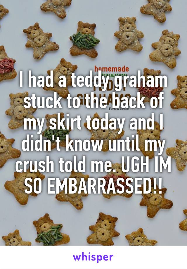 I had a teddy graham stuck to the back of my skirt today and I didn't know until my crush told me. UGH IM SO EMBARRASSED!!