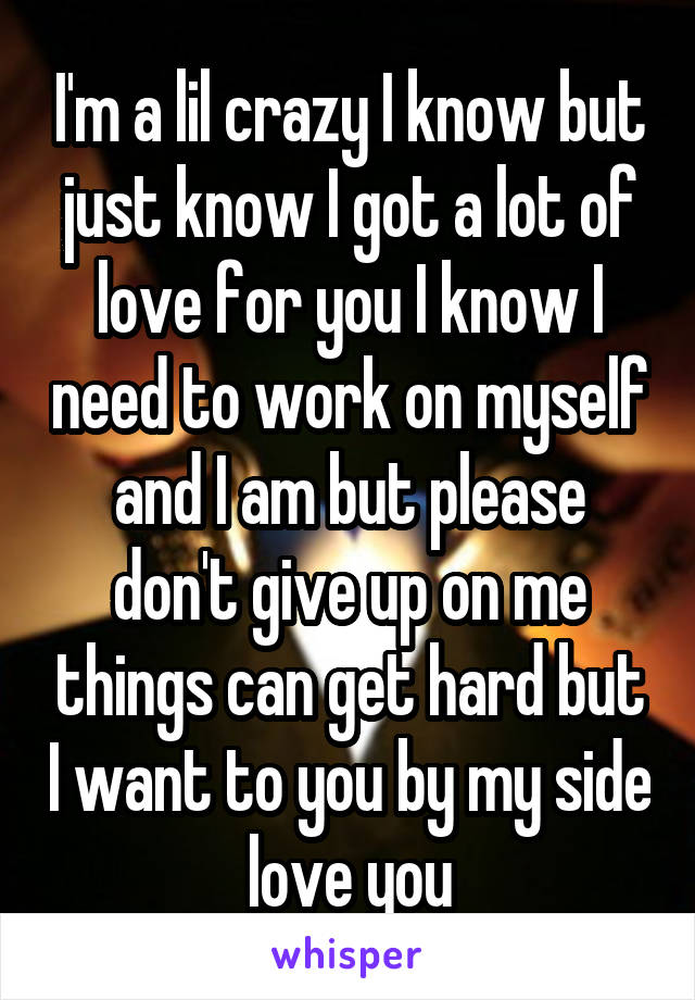 I'm a lil crazy I know but just know I got a lot of love for you I know I need to work on myself and I am but please don't give up on me things can get hard but I want to you by my side love you