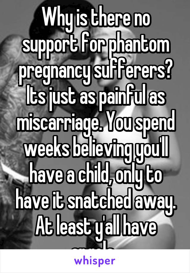 Why is there no support for phantom pregnancy sufferers? Its just as painful as miscarriage. You spend weeks believing you'll have a child, only to have it snatched away. At least y'all have angels. 