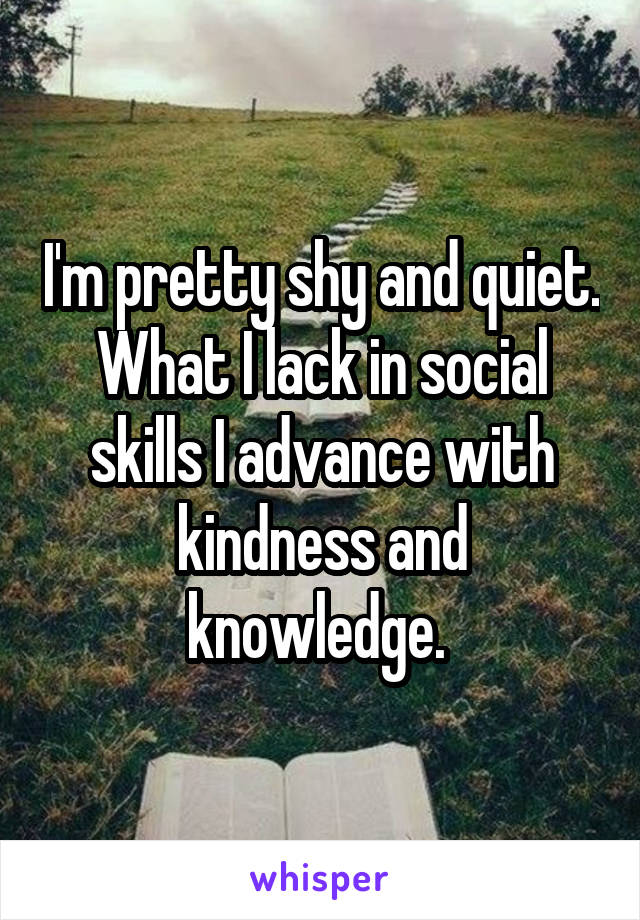 I'm pretty shy and quiet. What I lack in social skills I advance with kindness and knowledge. 