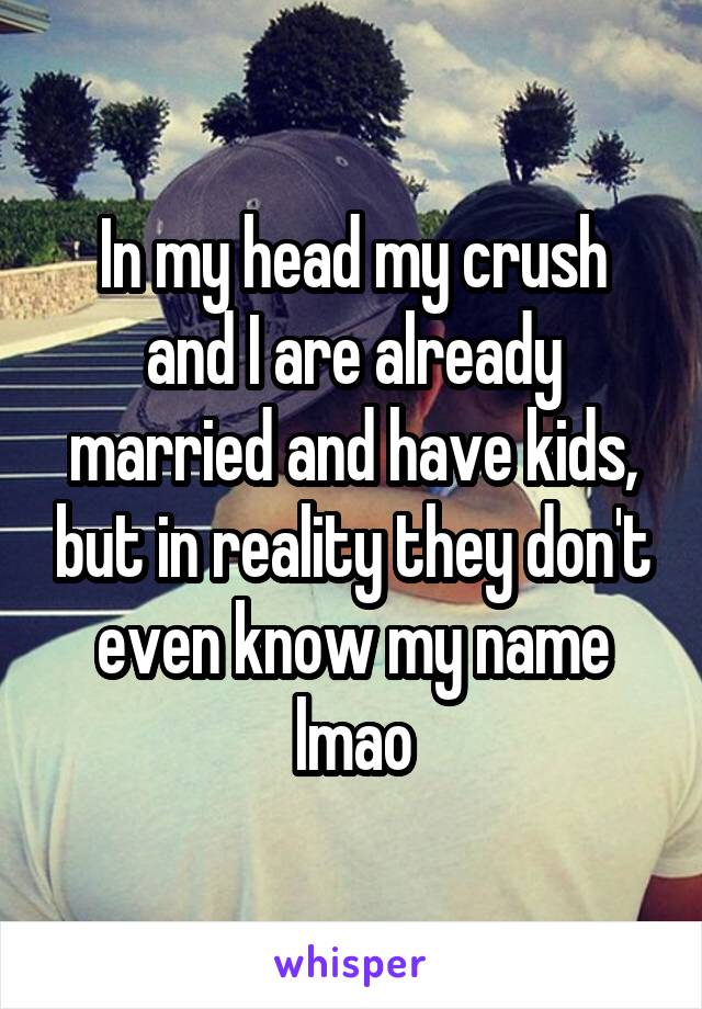  In my head my crush  and I are already married and have kids, but in reality they don't even know my name lmao