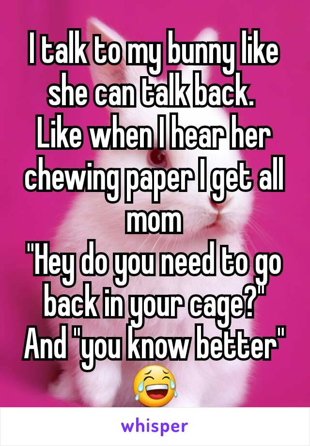 I talk to my bunny like she can talk back. 
Like when I hear her chewing paper I get all mom
"Hey do you need to go back in your cage?"
And "you know better" 😂