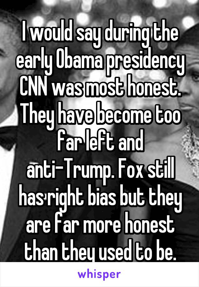 I would say during the early Obama presidency CNN was most honest. They have become too far left and anti-Trump. Fox still has right bias but they are far more honest than they used to be.