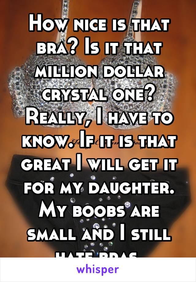 How nice is that bra? Is it that million dollar crystal one? Really, I have to know. If it is that great I will get it for my daughter. My boobs are small and I still hate bras.