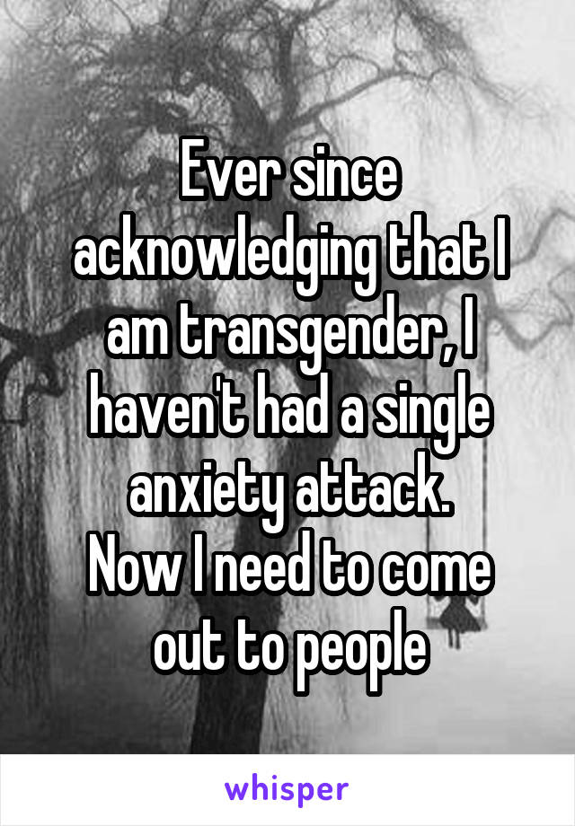 Ever since acknowledging that I am transgender, I haven't had a single anxiety attack.
Now I need to come out to people