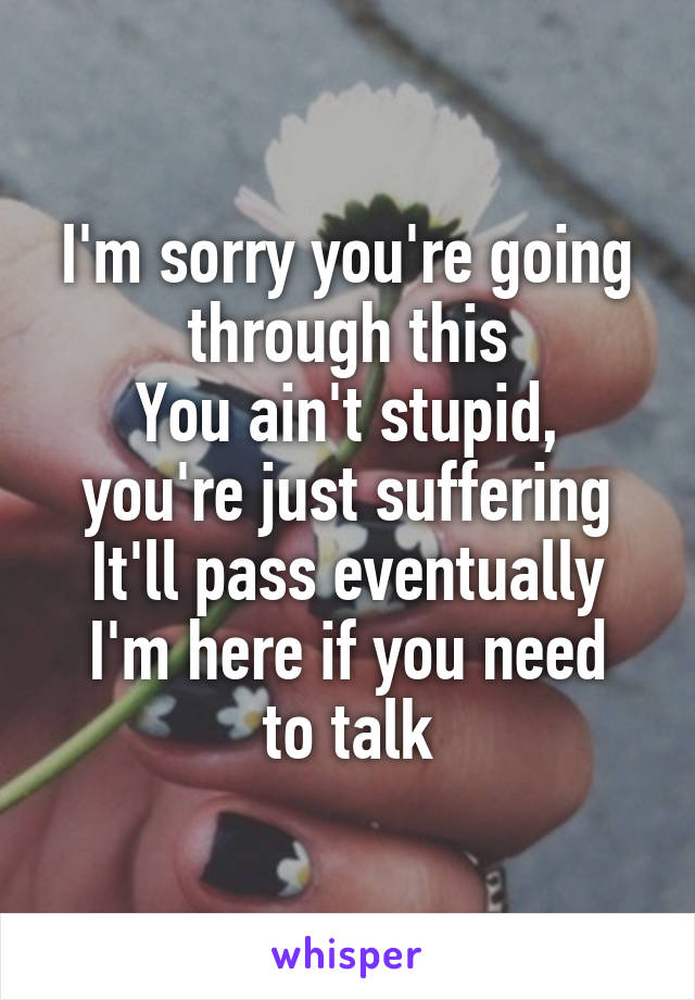 I'm sorry you're going through this
You ain't stupid, you're just suffering
It'll pass eventually
I'm here if you need to talk