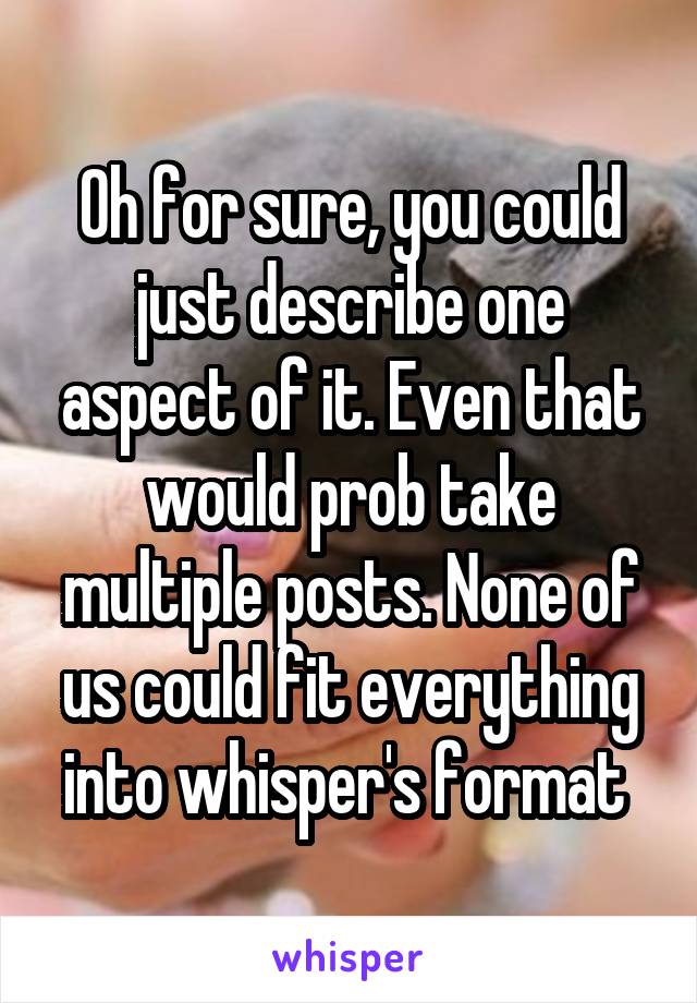 Oh for sure, you could just describe one aspect of it. Even that would prob take multiple posts. None of us could fit everything into whisper's format 
