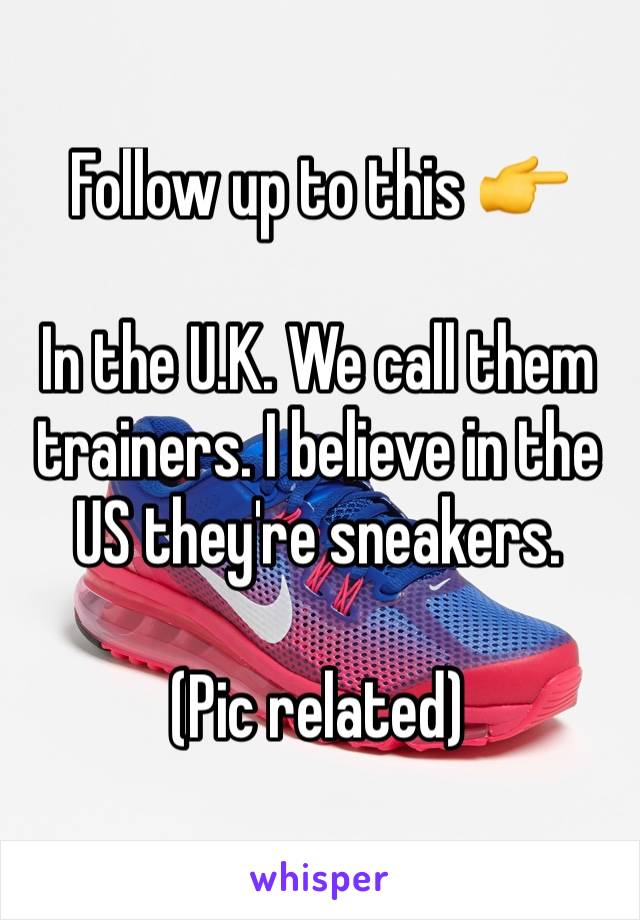 Follow up to this 👉

In the U.K. We call them trainers. I believe in the US they're sneakers.

(Pic related)