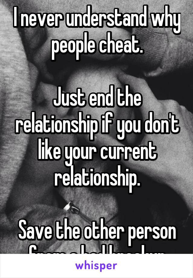 I never understand why people cheat.

Just end the relationship if you don't like your current relationship.

Save the other person from a bad breakup