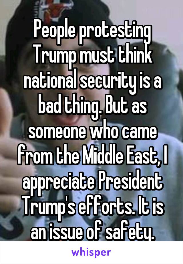 People protesting Trump must think national security is a bad thing. But as someone who came from the Middle East, I appreciate President Trump's efforts. It is an issue of safety.