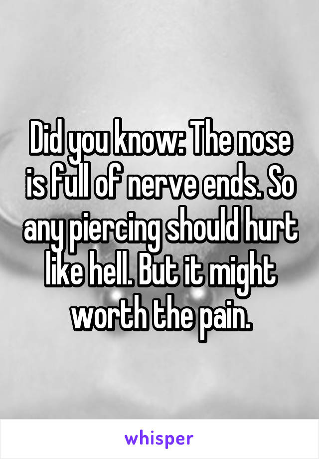 Did you know: The nose is full of nerve ends. So any piercing should hurt like hell. But it might worth the pain.