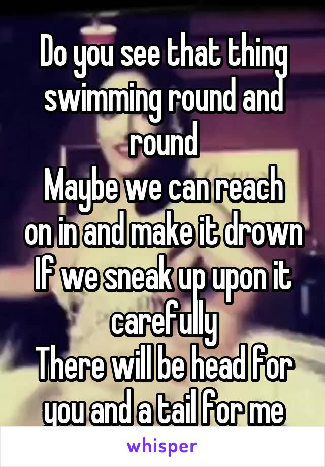 Do you see that thing swimming round and round
Maybe we can reach on in and make it drown
If we sneak up upon it carefully
There will be head for you and a tail for me