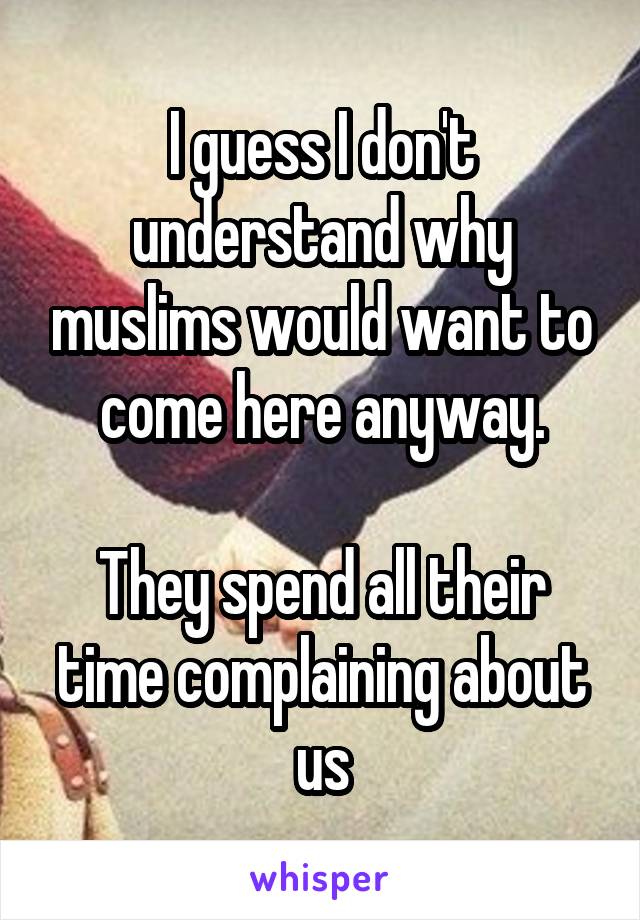 I guess I don't understand why muslims would want to come here anyway.

They spend all their time complaining about us