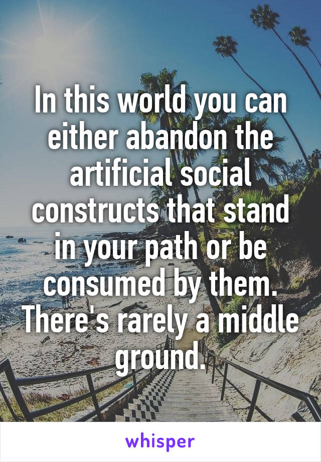 In this world you can either abandon the artificial social constructs that stand in your path or be consumed by them. There's rarely a middle ground.