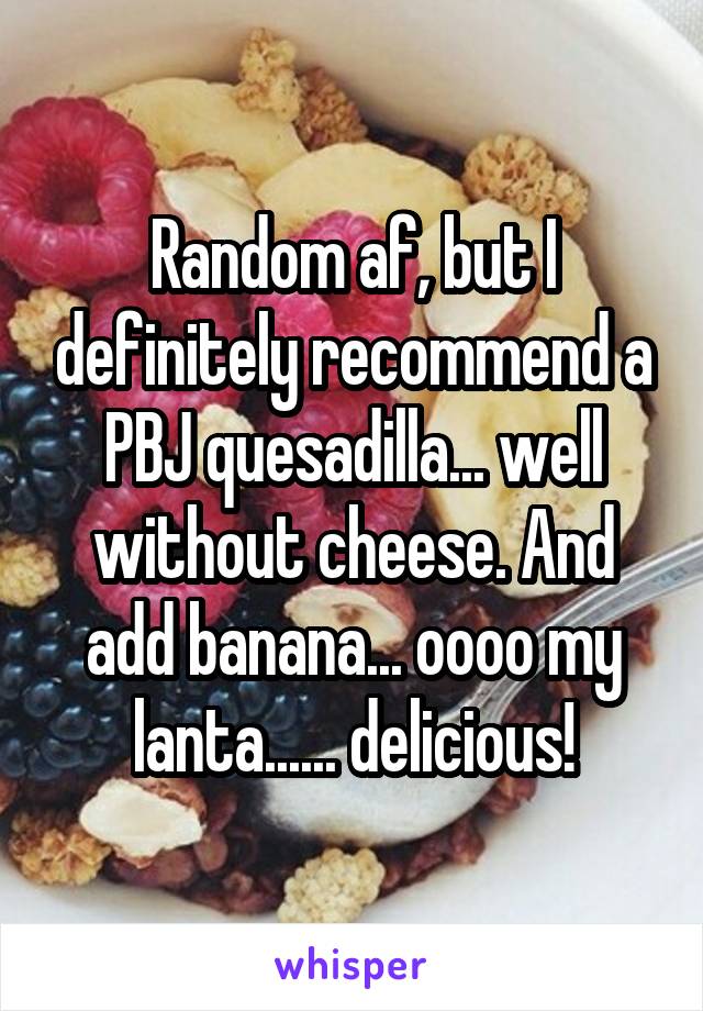 Random af, but I definitely recommend a PBJ quesadilla... well without cheese. And add banana... oooo my lanta...... delicious!