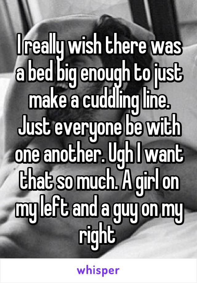 I really wish there was a bed big enough to just make a cuddling line. Just everyone be with one another. Ugh I want that so much. A girl on my left and a guy on my right 