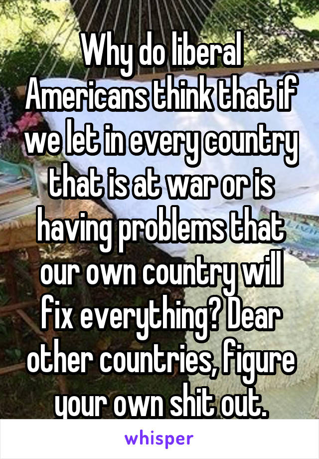 Why do liberal Americans think that if we let in every country that is at war or is having problems that our own country will fix everything? Dear other countries, figure your own shit out.