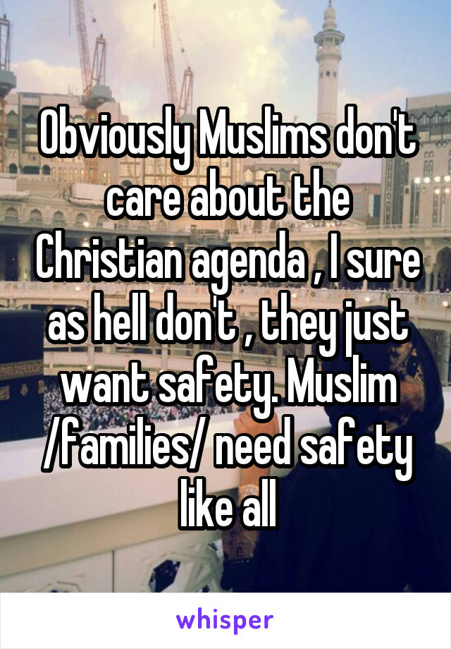 Obviously Muslims don't care about the Christian agenda , I sure as hell don't , they just want safety. Muslim /families/ need safety like all