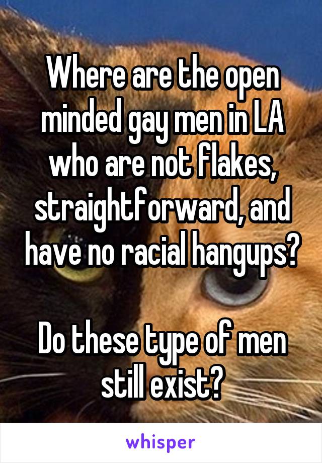 Where are the open minded gay men in LA who are not flakes, straightforward, and have no racial hangups?

Do these type of men still exist?