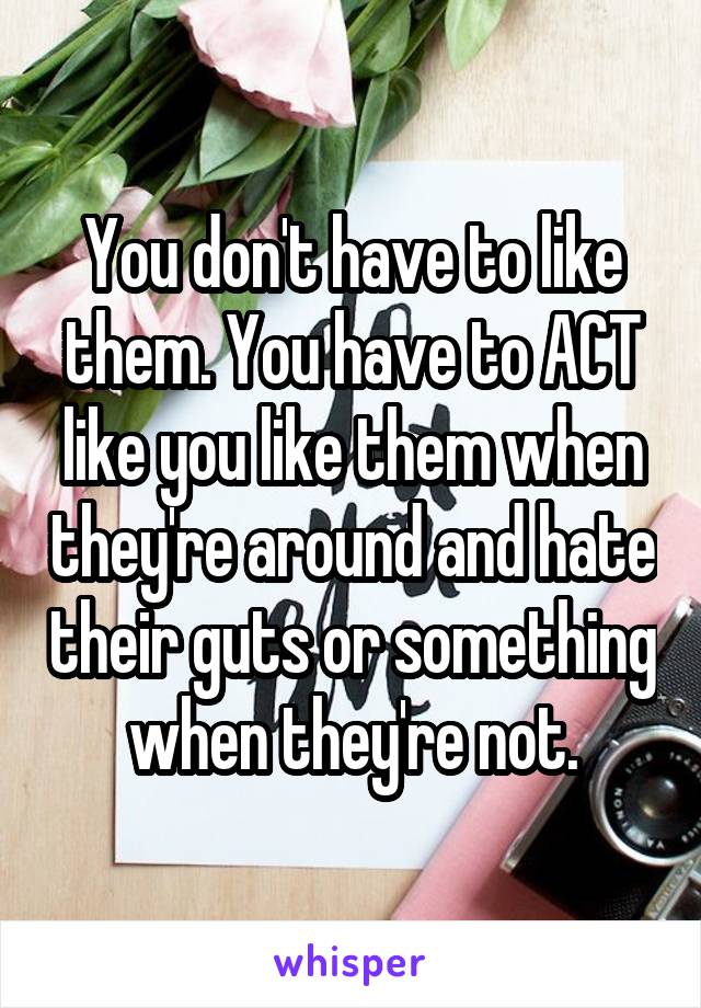 You don't have to like them. You have to ACT like you like them when they're around and hate their guts or something when they're not.