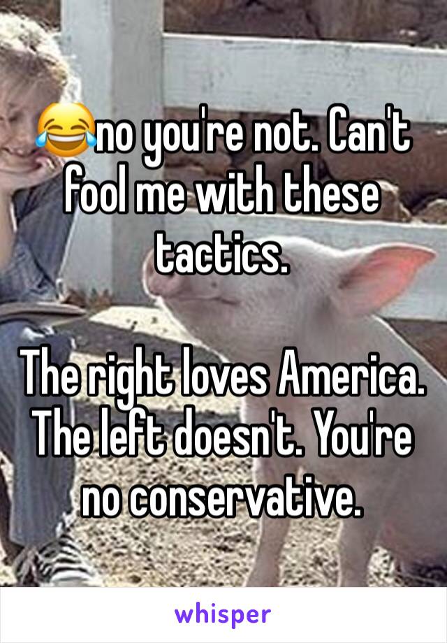 😂no you're not. Can't fool me with these tactics. 

The right loves America. The left doesn't. You're no conservative. 