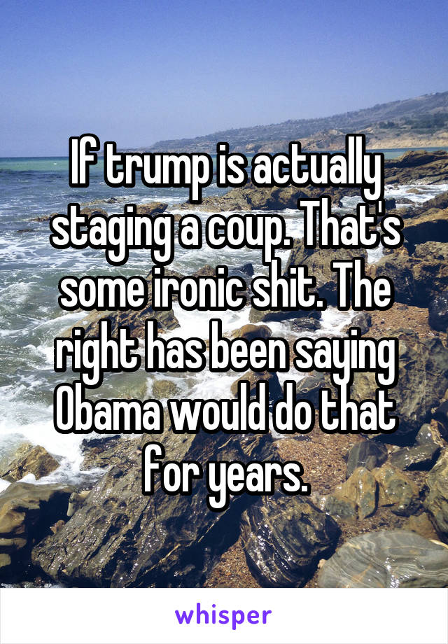 If trump is actually staging a coup. That's some ironic shit. The right has been saying Obama would do that for years.