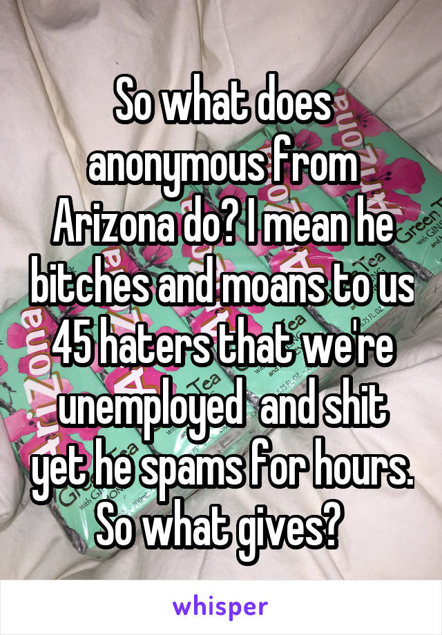 So what does anonymous from Arizona do? I mean he bitches and moans to us 45 haters that we're unemployed  and shit yet he spams for hours. So what gives? 