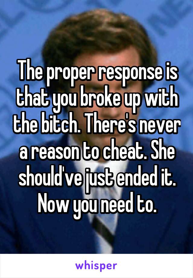 The proper response is that you broke up with the bitch. There's never a reason to cheat. She should've just ended it. Now you need to.