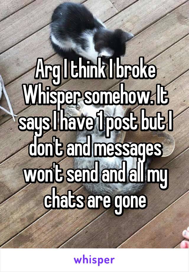 Arg I think I broke Whisper somehow. It says I have 1 post but I don't and messages won't send and all my chats are gone