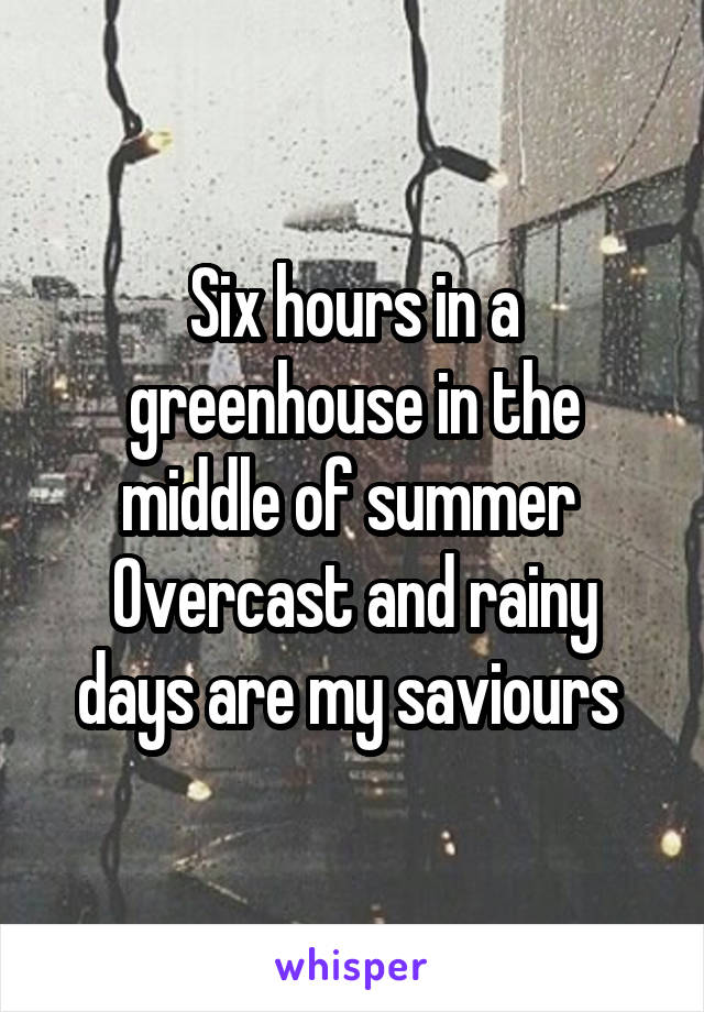 Six hours in a greenhouse in the middle of summer 
Overcast and rainy days are my saviours 