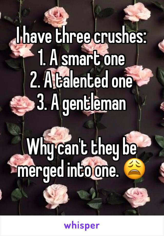 I have three crushes:
1. A smart one
2. A talented one
3. A gentleman

Why can't they be merged into one. 😩