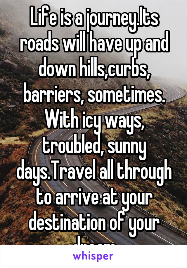 Life is a journey.Its roads will have up and down hills,curbs,
barriers, sometimes. With icy ways, troubled, sunny days.Travel all through to arrive at your destination of your dream