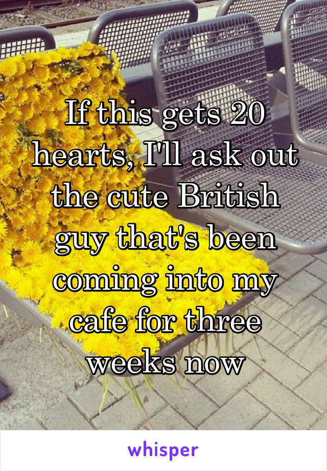 If this gets 20 hearts, I'll ask out the cute British guy that's been coming into my cafe for three weeks now