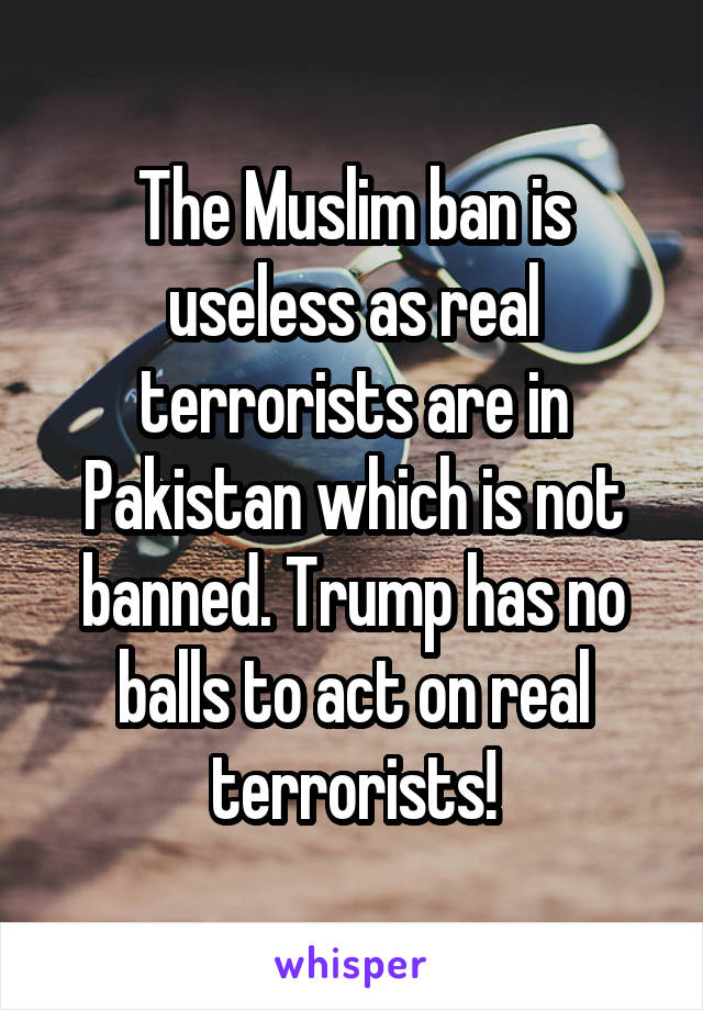 The Muslim ban is useless as real terrorists are in Pakistan which is not banned. Trump has no balls to act on real terrorists!