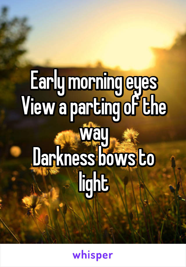 Early morning eyes
View a parting of the way
Darkness bows to light