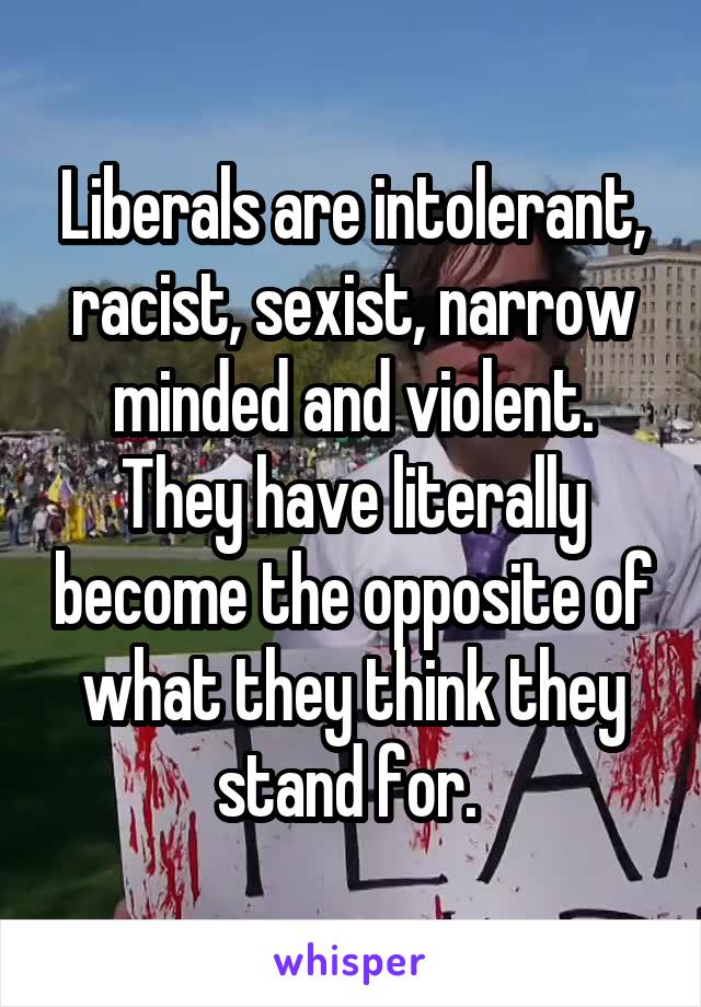 Liberals are intolerant, racist, sexist, narrow minded and violent. They have literally become the opposite of what they think they stand for. 