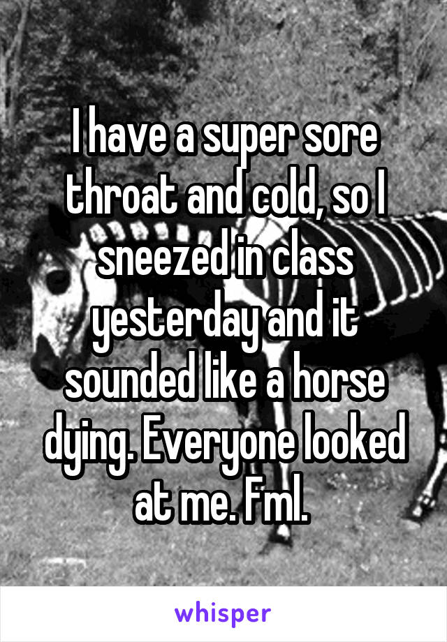 I have a super sore throat and cold, so I sneezed in class yesterday and it sounded like a horse dying. Everyone looked at me. Fml. 