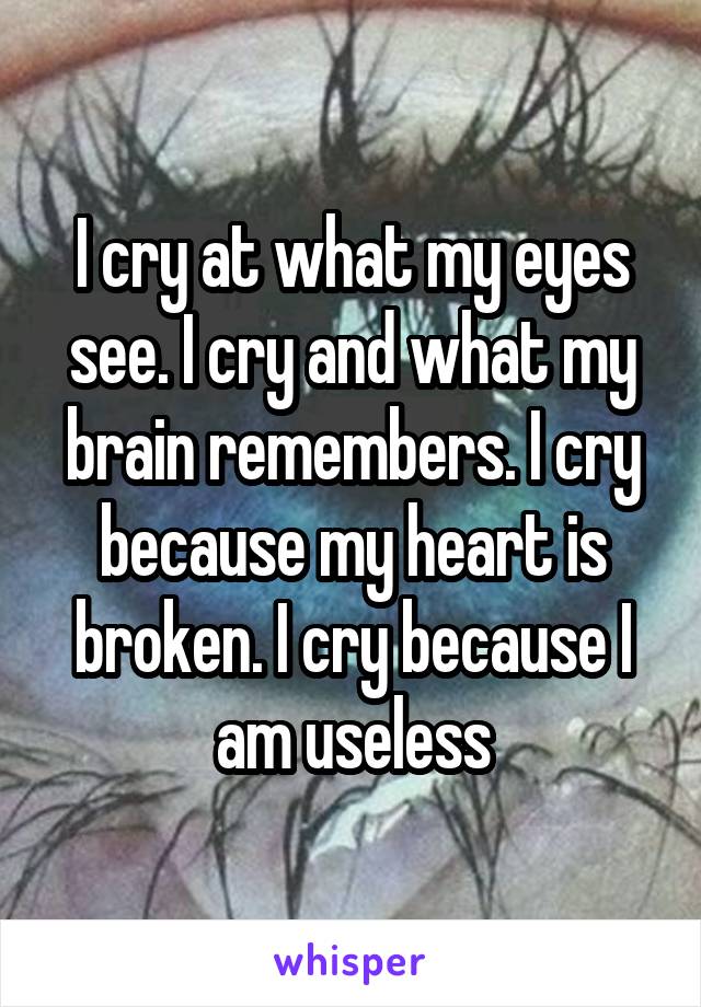 I cry at what my eyes see. I cry and what my brain remembers. I cry because my heart is broken. I cry because I am useless