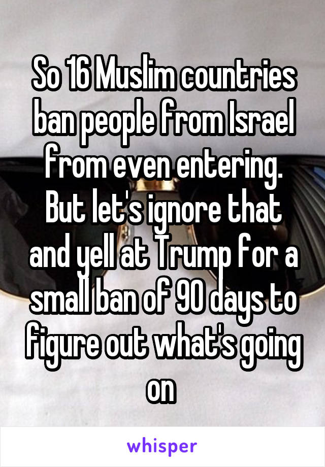 So 16 Muslim countries ban people from Israel from even entering. But let's ignore that and yell at Trump for a small ban of 90 days to figure out what's going on 