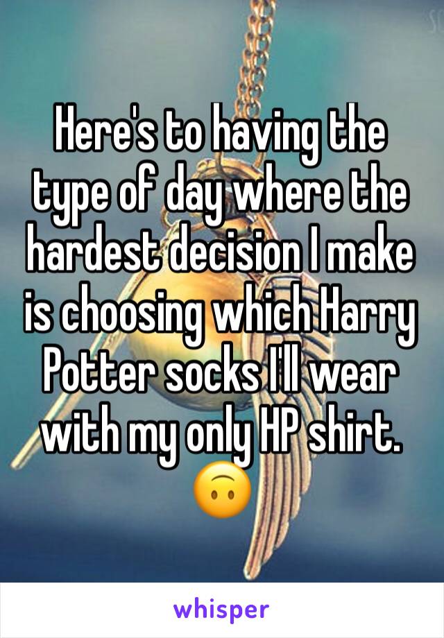 Here's to having the type of day where the hardest decision I make is choosing which Harry Potter socks I'll wear with my only HP shirt.  🙃