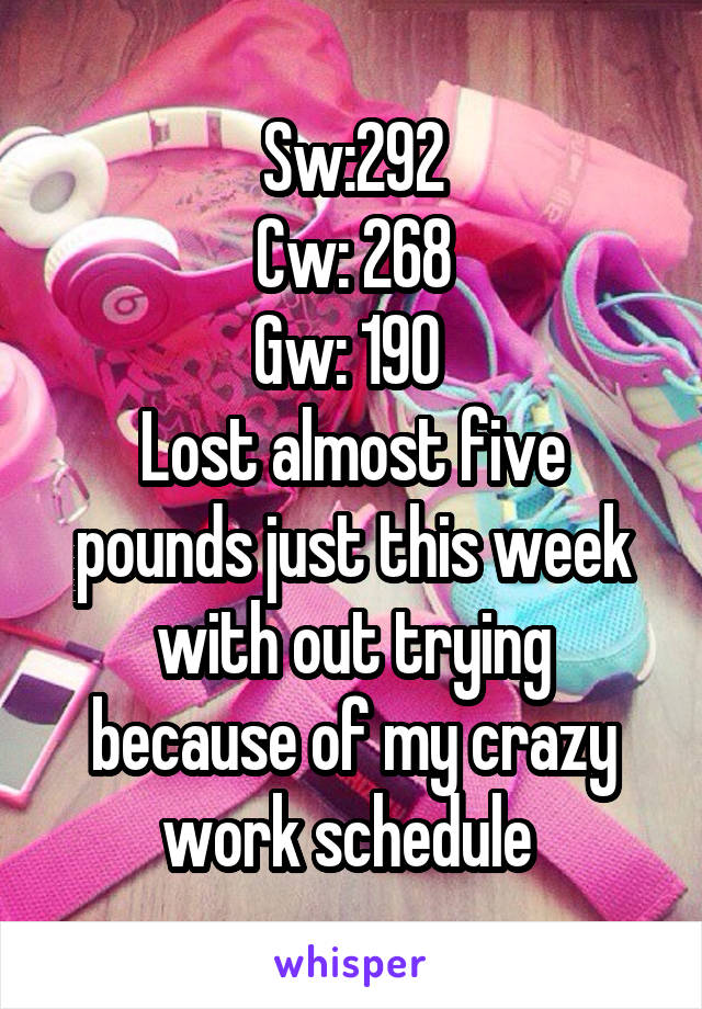 Sw:292
Cw: 268
Gw: 190 
Lost almost five pounds just this week with out trying because of my crazy work schedule 