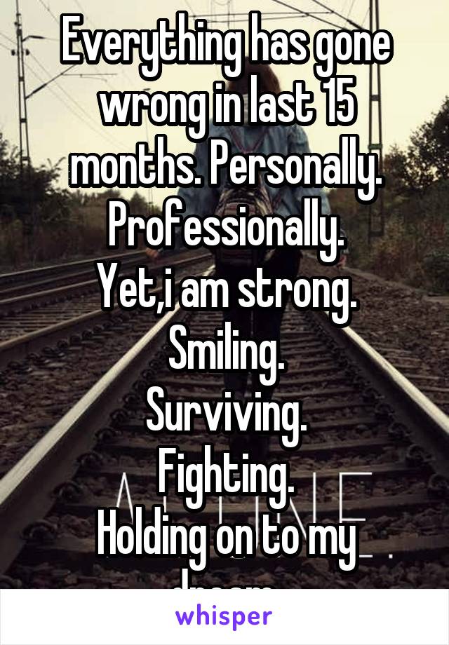 Everything has gone wrong in last 15 months. Personally.
Professionally.
Yet,i am strong.
Smiling.
Surviving.
Fighting.
Holding on to my dream.