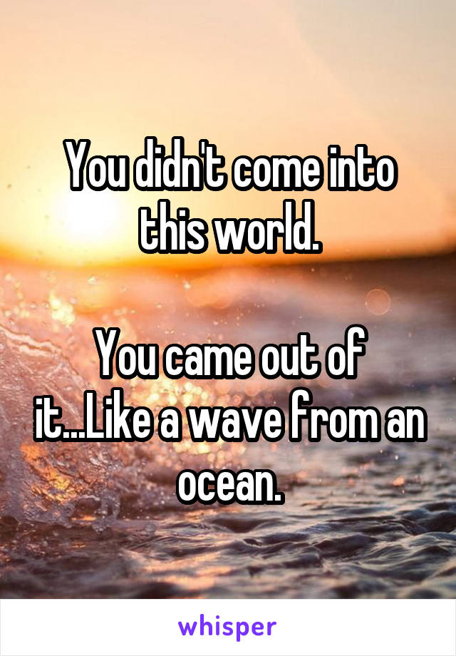 You didn't come into this world.

You came out of it...Like a wave from an ocean.