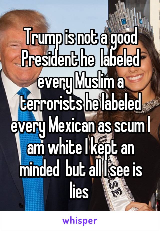 Trump is not a good President he  labeled every Muslim a terrorists he labeled every Mexican as scum I am white I kept an minded  but all I see is lies 