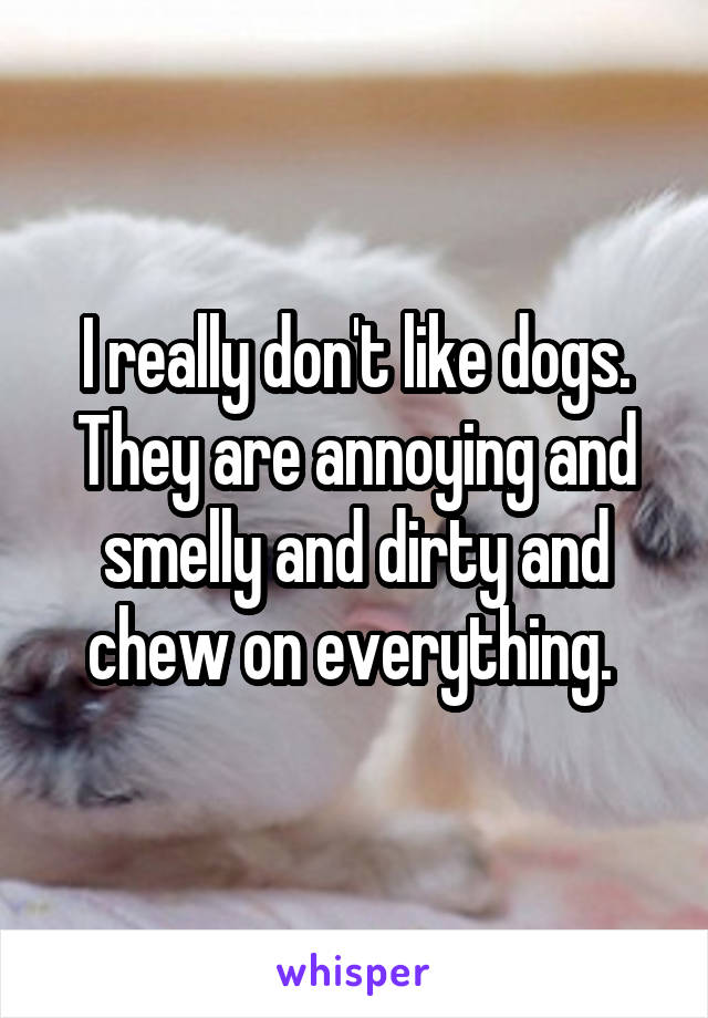 I really don't like dogs. They are annoying and smelly and dirty and chew on everything. 