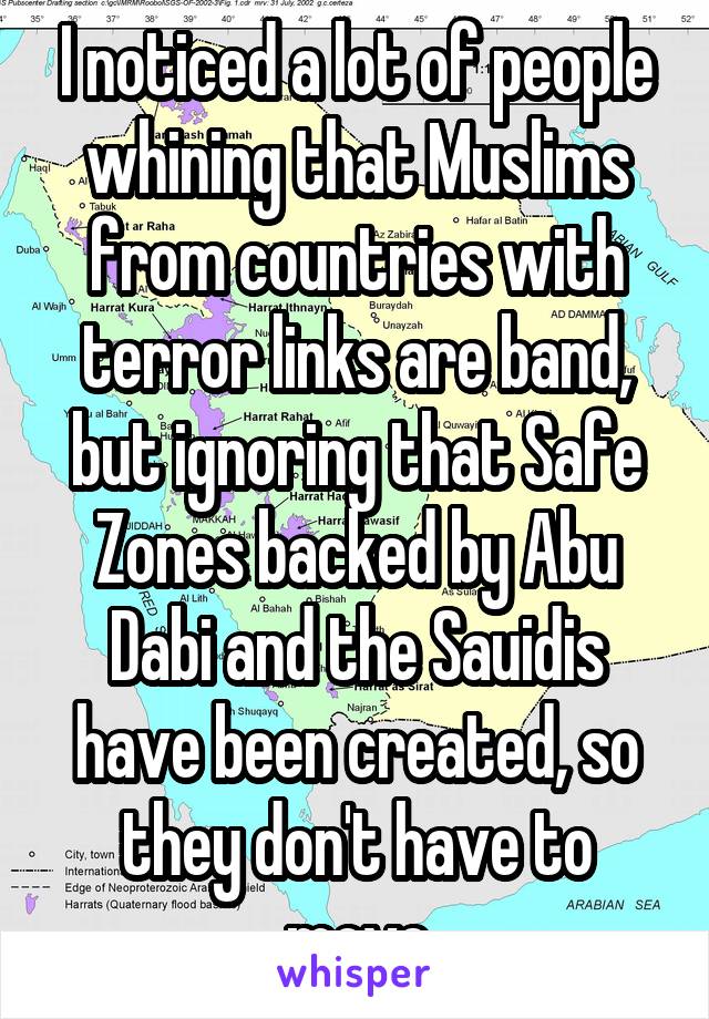 I noticed a lot of people whining that Muslims from countries with terror links are band, but ignoring that Safe Zones backed by Abu Dabi and the Sauidis have been created, so they don't have to move