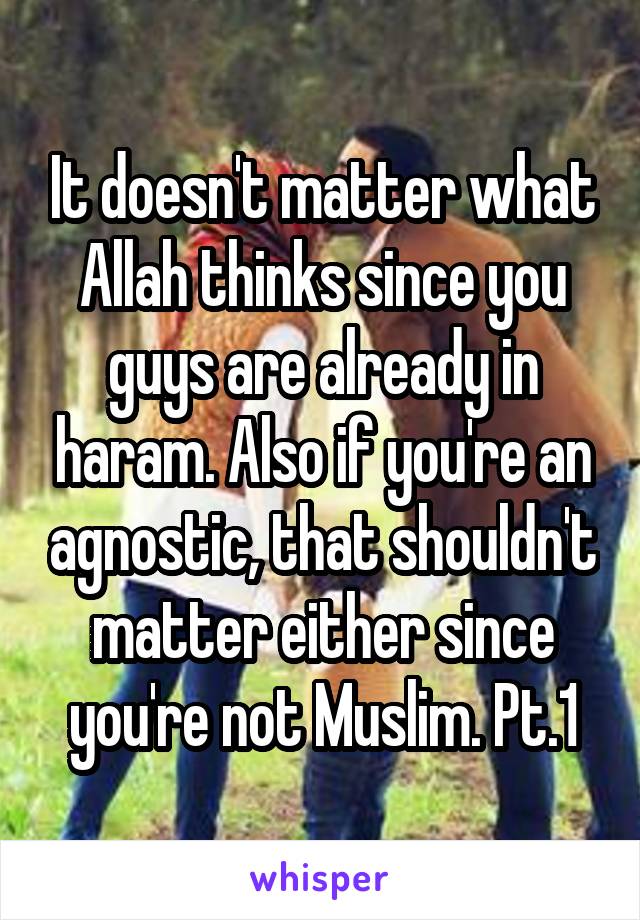 It doesn't matter what Allah thinks since you guys are already in haram. Also if you're an agnostic, that shouldn't matter either since you're not Muslim. Pt.1