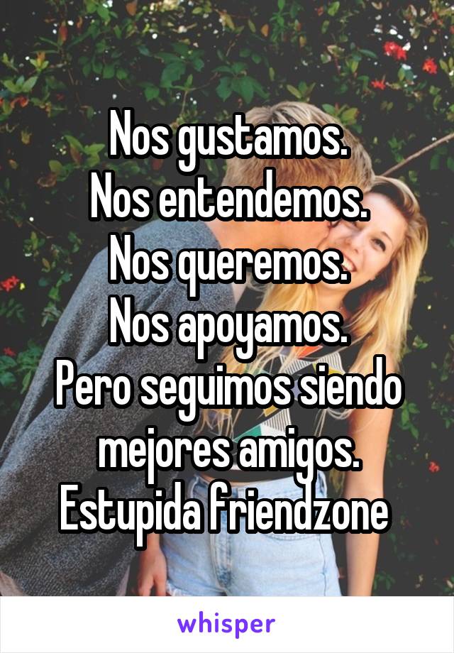 Nos gustamos.
Nos entendemos.
Nos queremos.
Nos apoyamos.
Pero seguimos siendo mejores amigos.
Estupida friendzone 