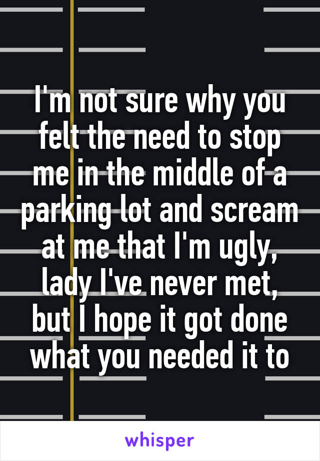 I'm not sure why you felt the need to stop me in the middle of a parking lot and scream at me that I'm ugly, lady I've never met, but I hope it got done what you needed it to